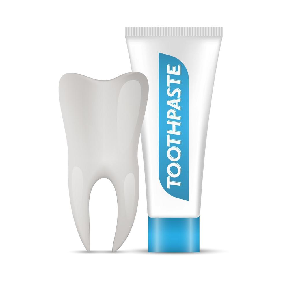 dente e pasta de dente isolados no fundo branco, anúncio de pasta de dente clareador, ilustração vetorial vetor