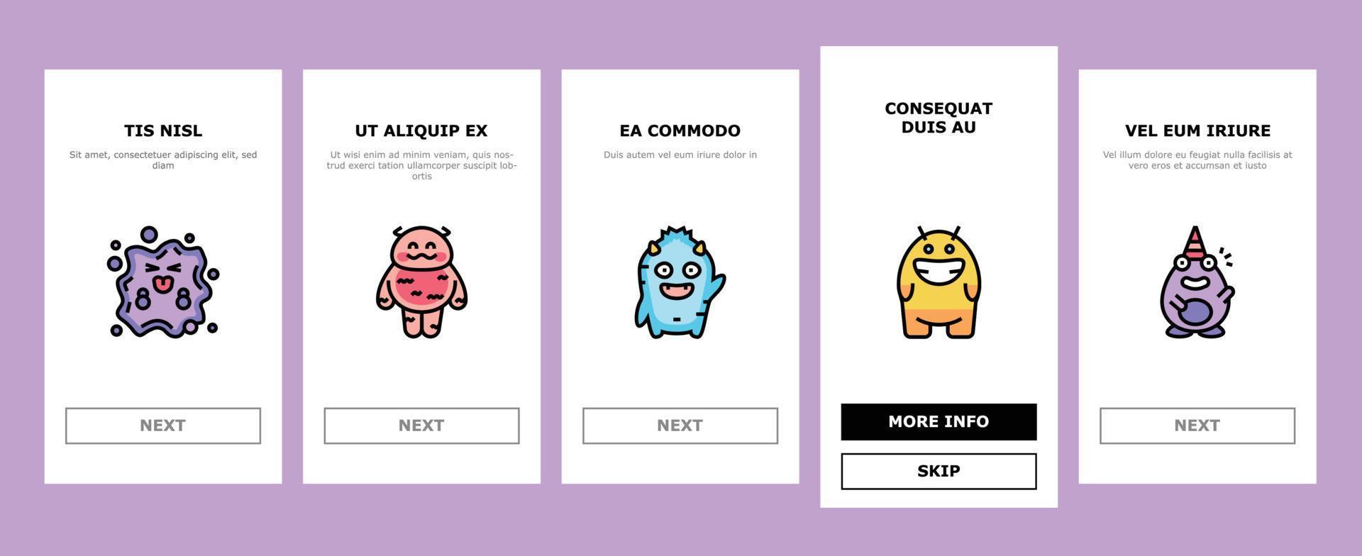 monstro engraçado fofa estrangeiro onboarding ícones conjunto vetor