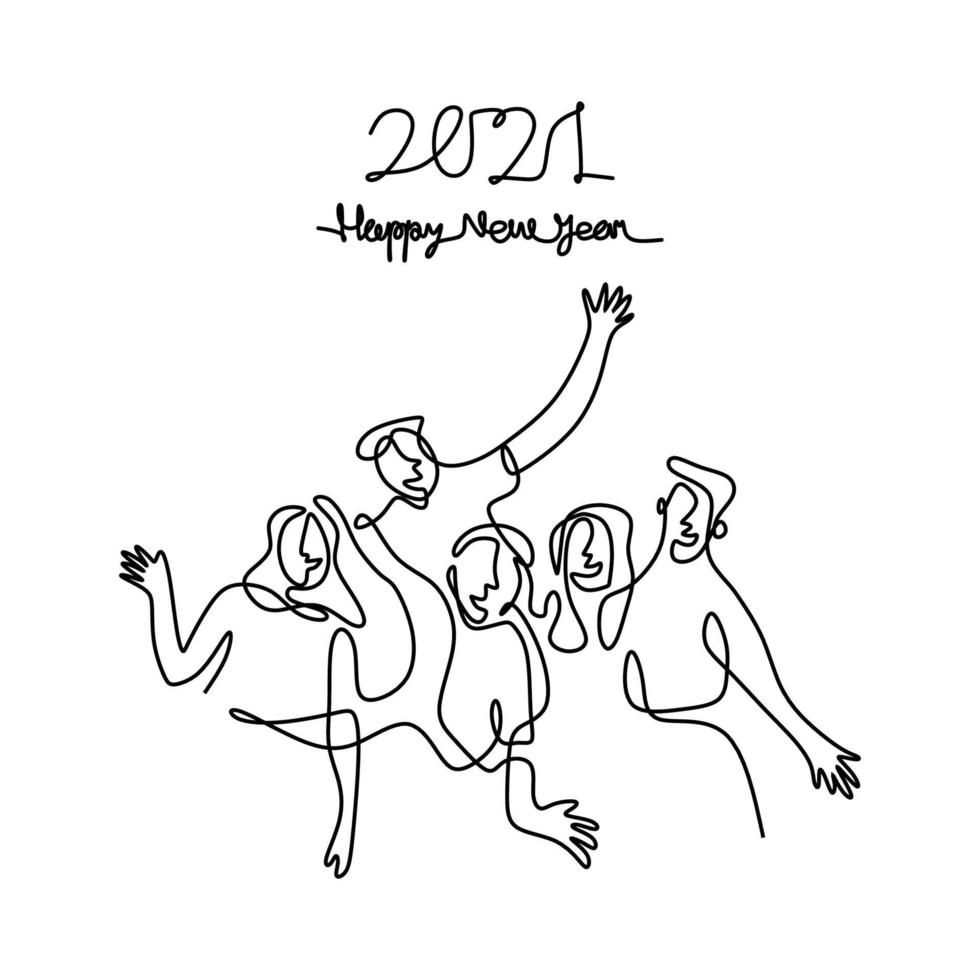 homens e mulheres felizes dão as boas-vindas ao desenho de uma linha contínua de ano novo. masculino e feminino no conceito de festa de ano novo, isolado no fundo branco. comemorando o ano novo de 2021. ilustração vetorial vetor