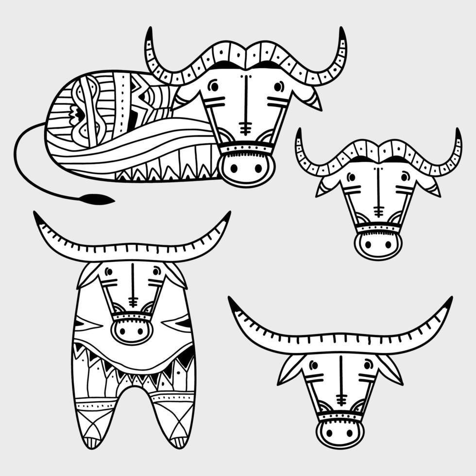 conjunto de elementos de um búfalo tribal vintage. design de logotipo de touro isolado no fundo branco. símbolo do Zodíaco Chinês do novo ano 2021. ilustração em vetor de signo decorativo do zodíaco de touro