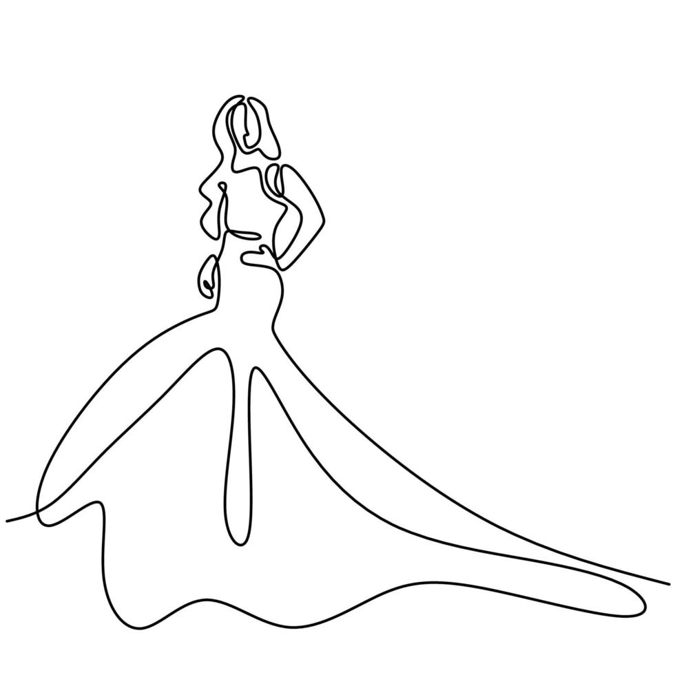 contínuo um desenho de linha de mulher com vestido. modelo feminino de beleza usando vestido e parece tão elegante em pose de pé. conceito de moda feminina linha arte design minimalista isolado no fundo branco vetor