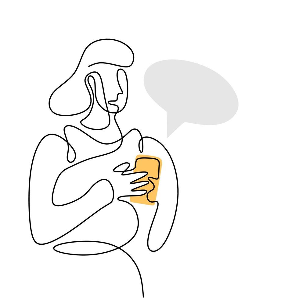 contínuo um desenho de linha de uma mulher segurando um smartphone. linda mulher em pé e olhando para o telefone dela para conversar com balão isolado no fundo branco. ilustração vetorial vetor