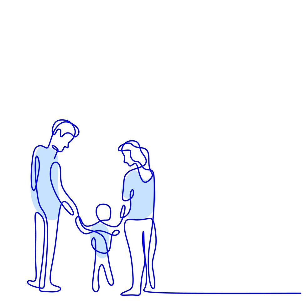 contínuo um desenho de linha de família feliz. pai, mãe estão ajudando seu filho andando na rua. isolado no fundo branco. conceito de paternidade. ilustração vetorial estilo minimalismo vetor