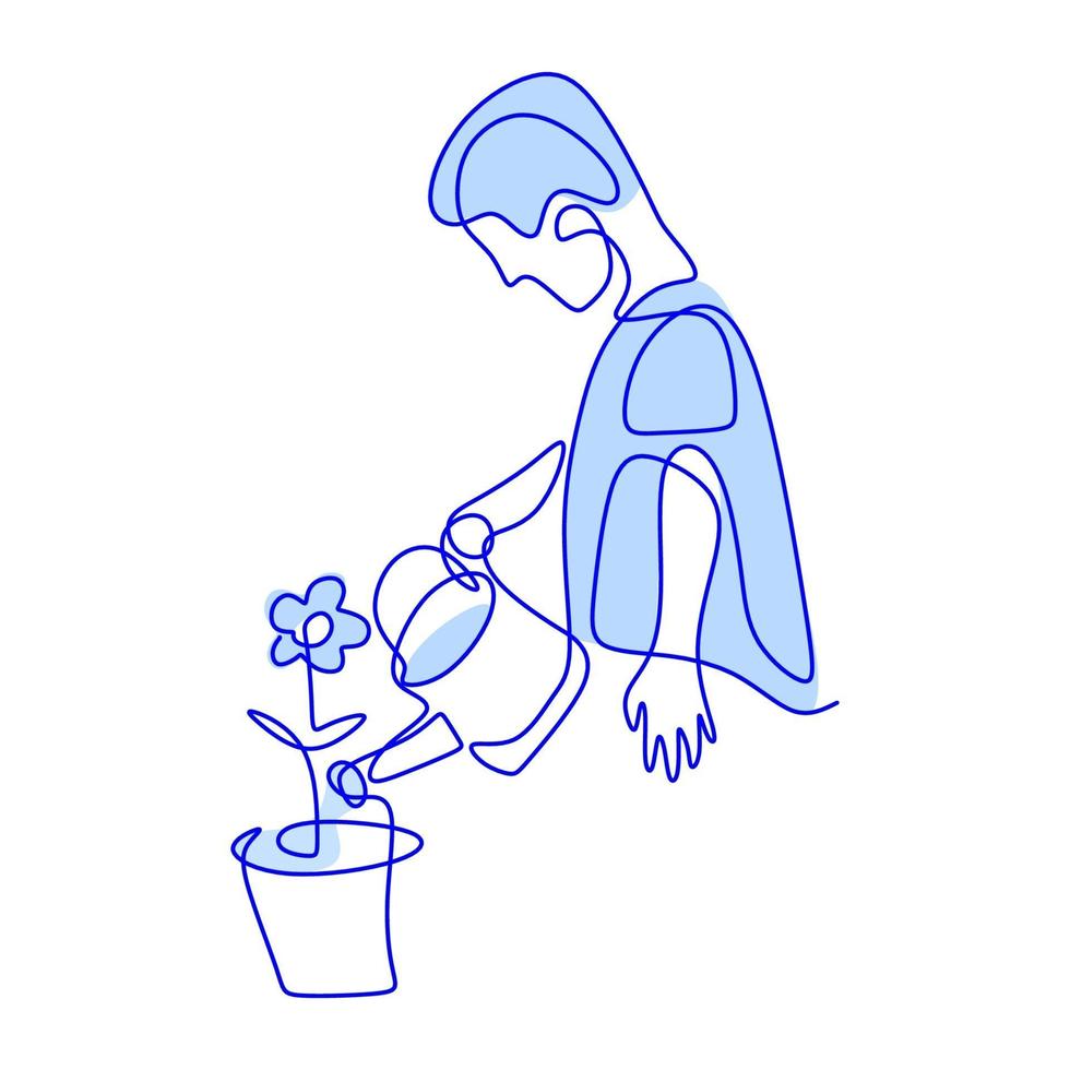único desenho de linha contínua de jovem feliz do sexo masculino está regando uma flor no jardim em um dia ensolarado de verão. conceito de jardinagem ou plantio. de volta à natureza no design minimalista. ilustração vetorial vetor