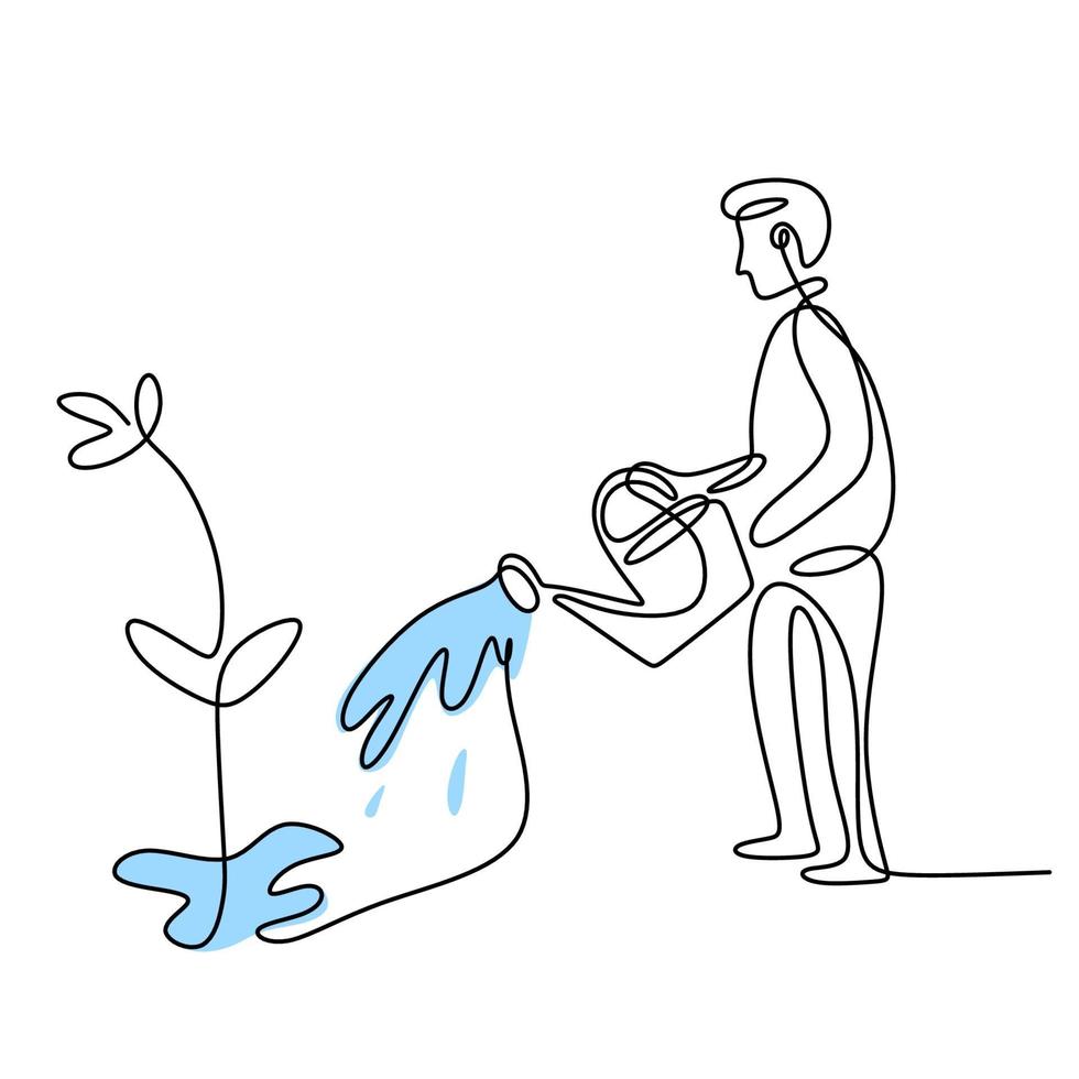 um desenho de linha contínua de um homem regando flores no jardim em um dia ensolarado de verão. homem jovem feliz derramando água para plantar para fazê-la crescer atividade de jardinagem. ilustração vetorial vetor