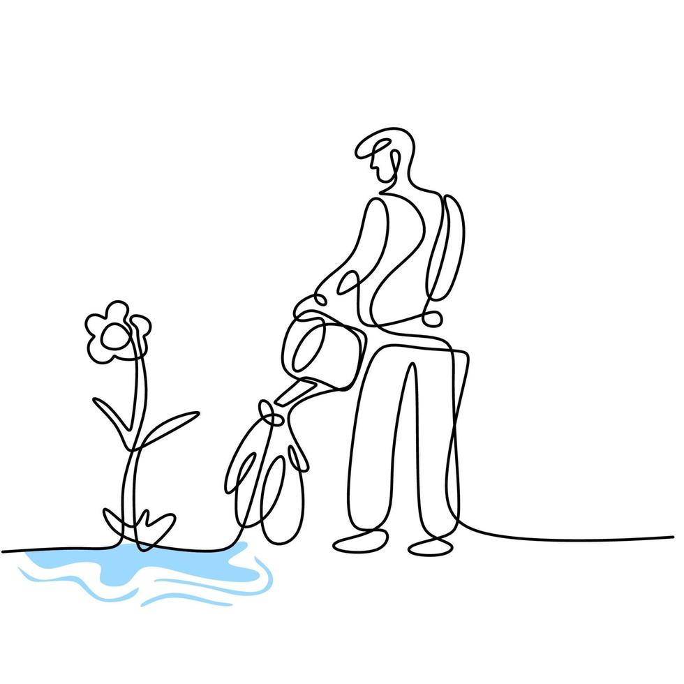 um desenho de linha contínua de um homem regando flores no jardim em um dia ensolarado de verão. homem jovem feliz derramando água para plantar para fazê-la crescer atividade de jardinagem. ilustração vetorial vetor