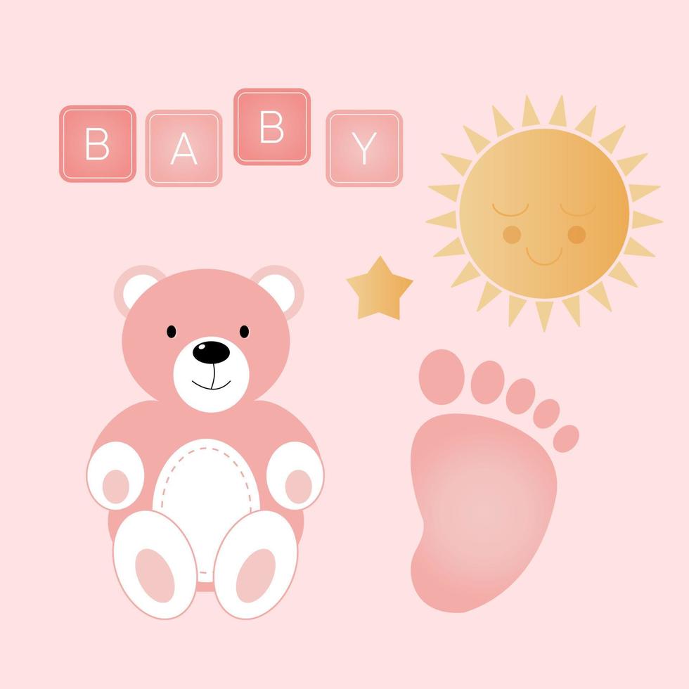 bebê chuveiro bandeira com urso, sol, pé e texto bebê em Rosa fundo. isto s uma garota. vetor