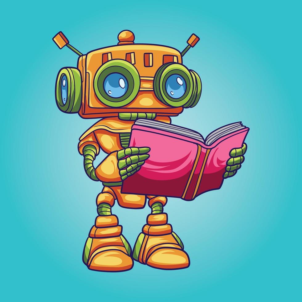 nerd robô desenho animado lendo livro vetor