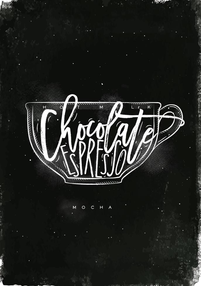 mocha copo letras quente leite, chocolate, espresso dentro vintage gráfico estilo desenhando com giz em quadro-negro fundo vetor