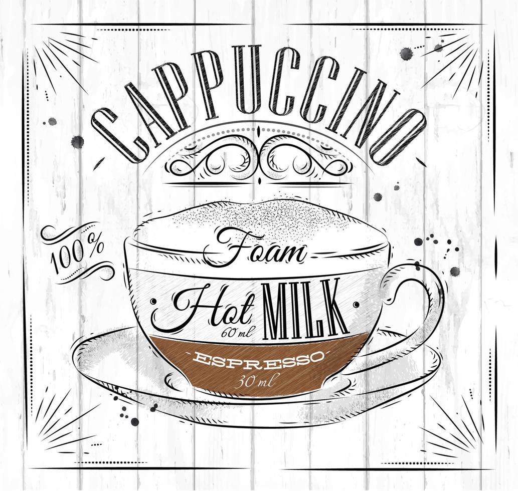 poster café cappuccino dentro vintage estilo desenhando em madeira fundo vetor