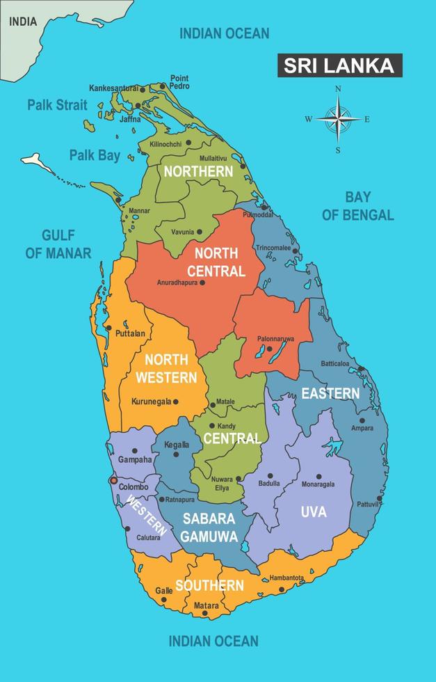 mapa do sri lanka com nomes de distrito vetor
