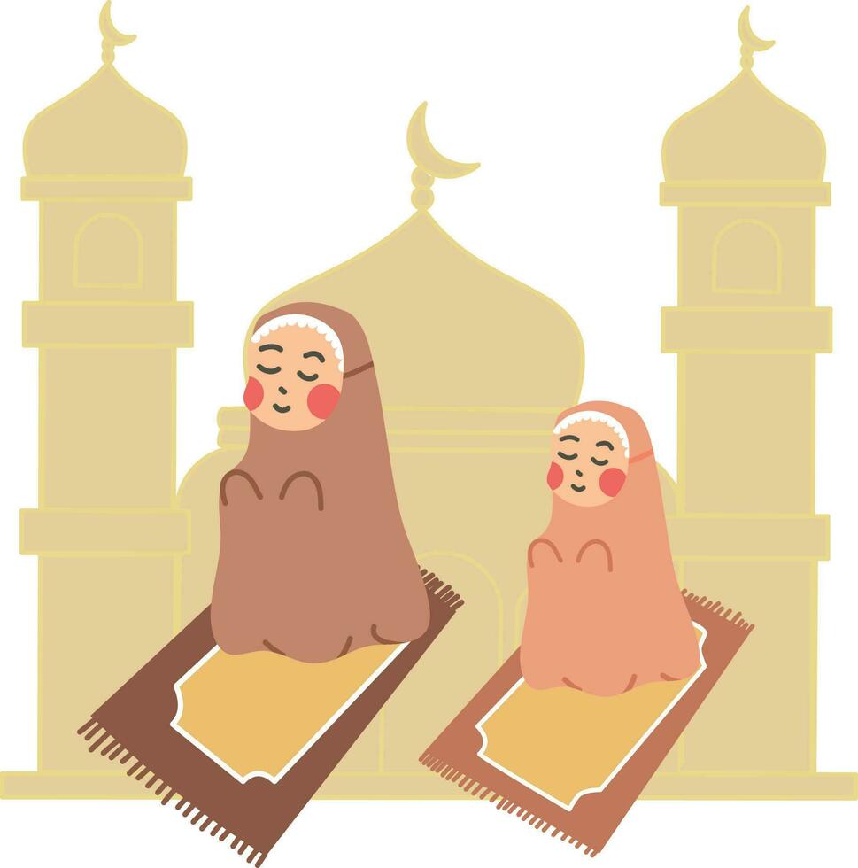 feliz Ramadã fundo com fofa muçulmano menina personagem oração dentro frente do mesquita silhueta vetor