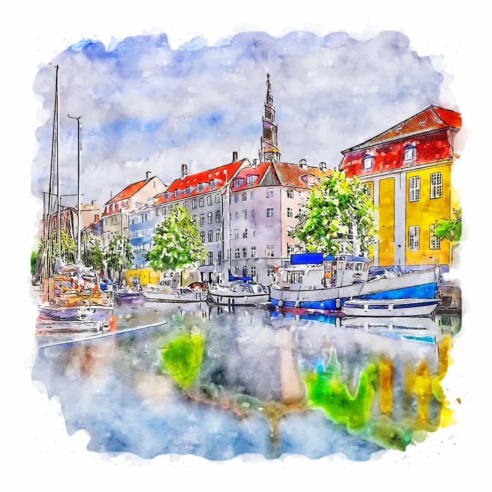 copenhague dinamarca esboço em aquarela ilustração desenhada à mão vetor