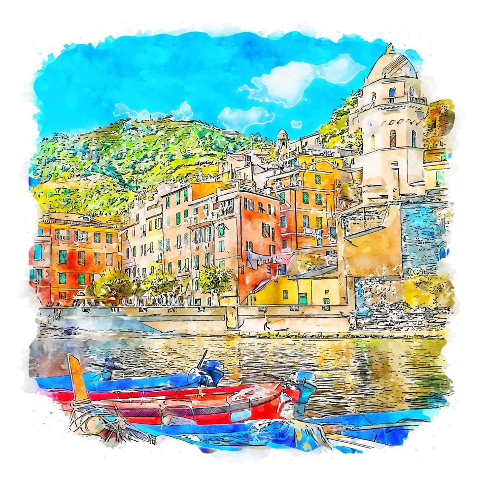 vernazza itália esboço em aquarela ilustração desenhada à mão vetor