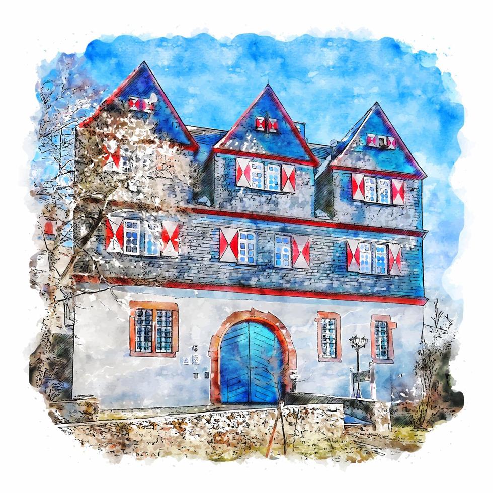 Schloss neuweilnau Alemanha aguarela esboço mão desenhado ilustração vetor