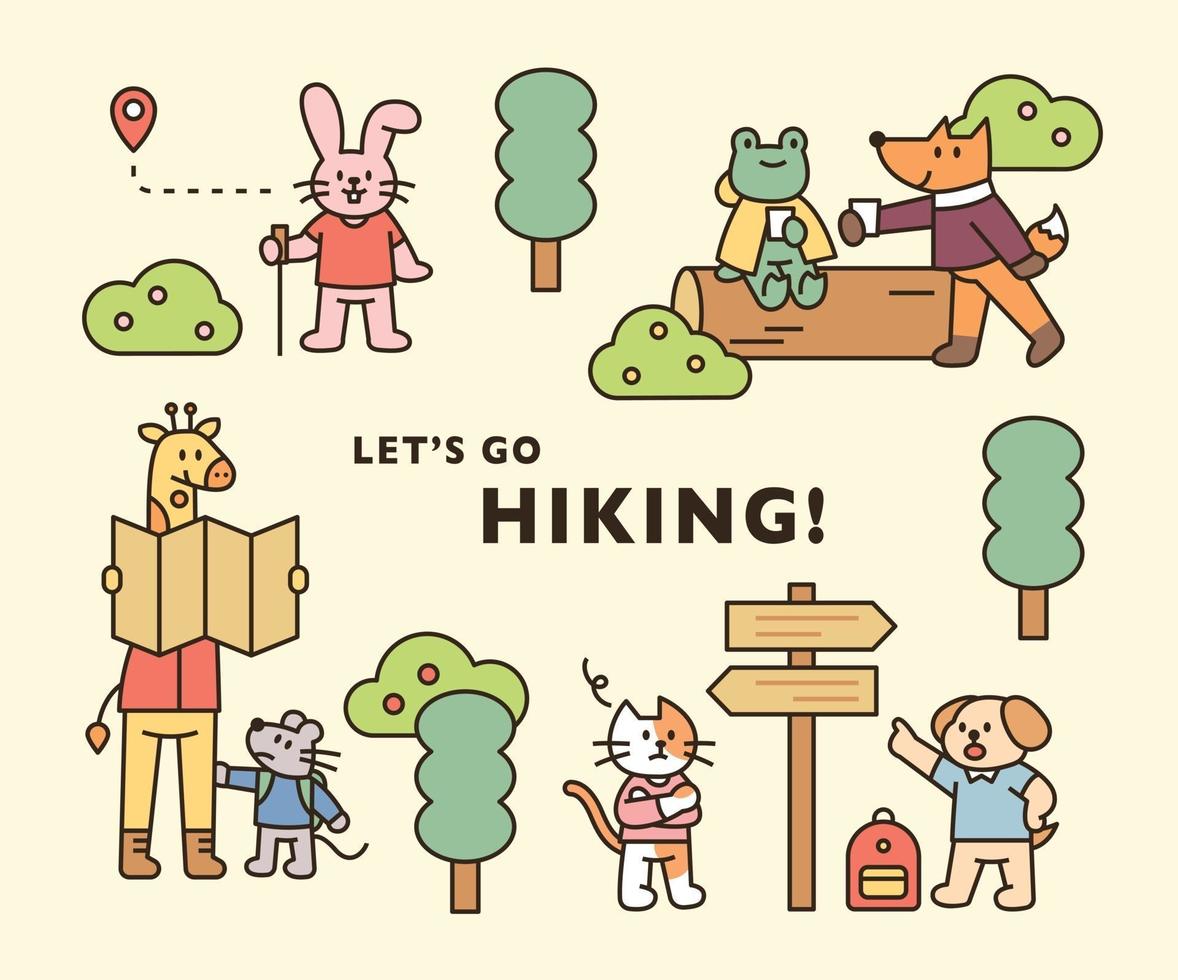 cartaz de caminhadas de animais. animais fofos estão viajando pela floresta. ilustração em vetor mínimo estilo design plano.