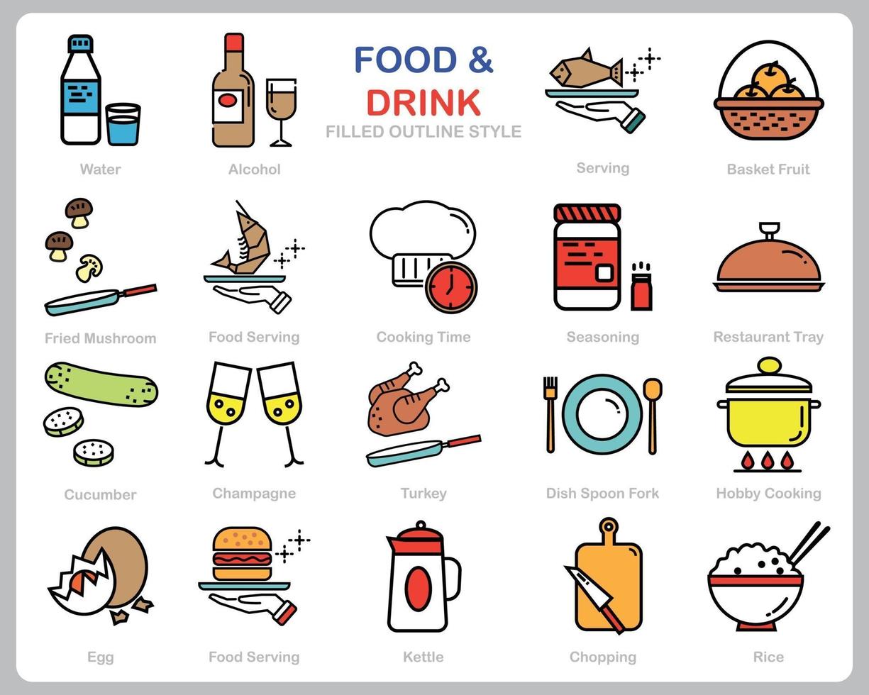 alimentos e bebidas ícone definido para site, documento, design de cartaz, impressão, aplicativo. comida e bebida conceito ícone preenchido estilo de contorno. vetor