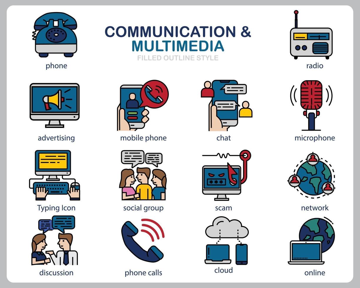 ícone de multimídia de comunicação definido para site, documento, design de cartaz, impressão, aplicativo. ícone do conceito de comunicação preenchido estilo de contorno. vetor