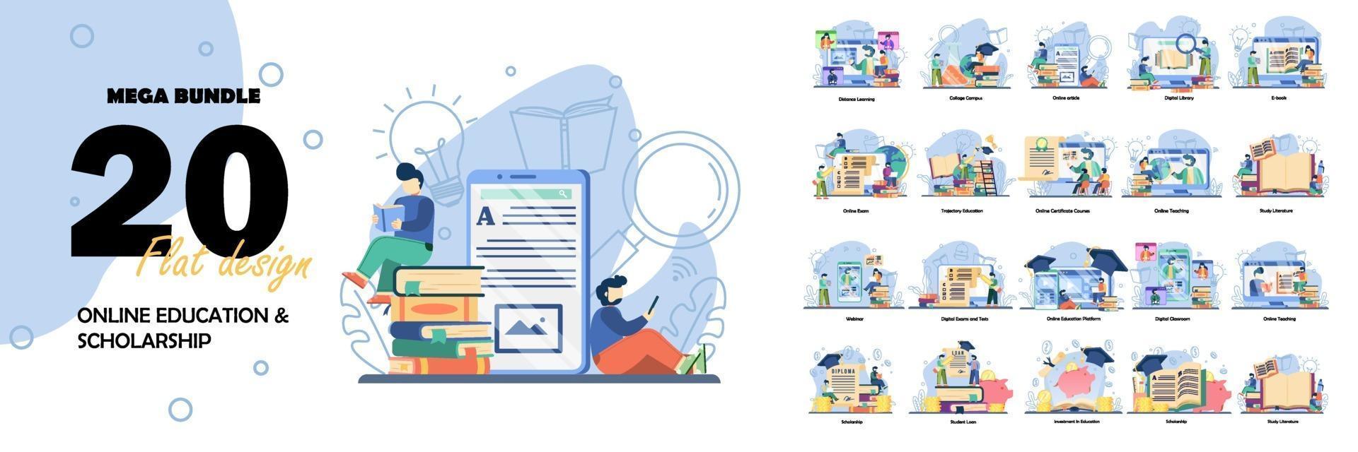 grande conjunto de ilustração vetorial de educação. educação online, bolsa de estudos, volta às aulas, livro online, webinar, aula online, troféu de conquista. Conjunto de ilustração gráfica de vetor de estilo de design plano