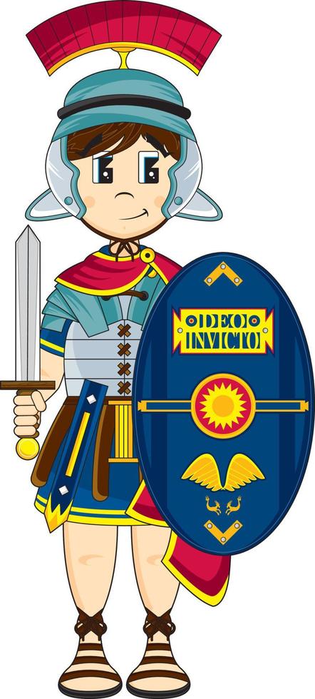 fofa desenho animado romano soldado com espada e escudo história ilustração vetor