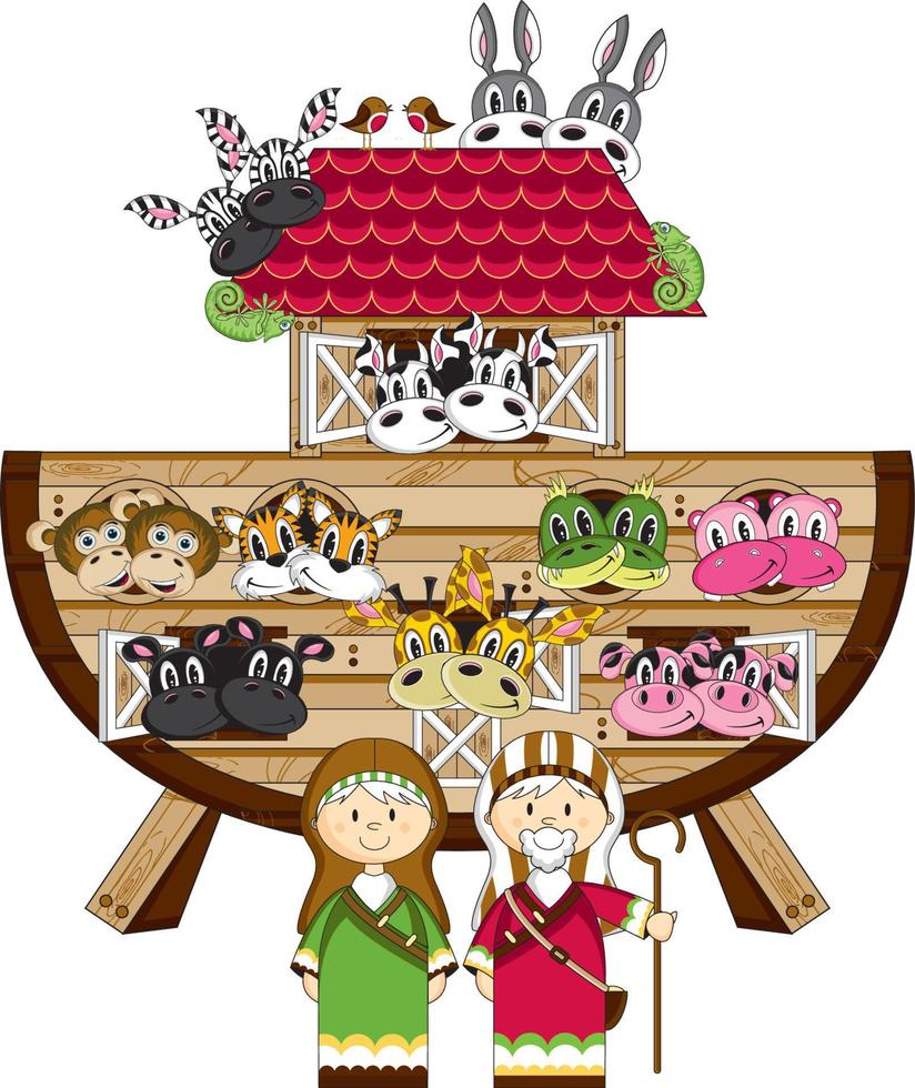 Noé e a arca com animais dois de dois bíblico ilustração vetor