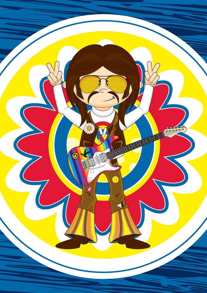 desenho animado anos sessenta hippie personagem com elétrico guitarra vetor