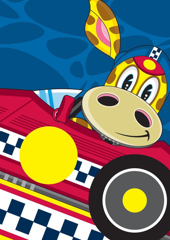 fofa desenho animado girafa corrida motorista dentro Esportes carro vetor