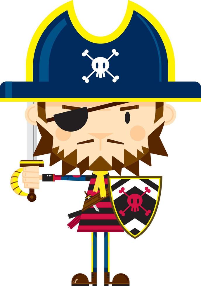 desenho animado fanfarrão pirata capitão com espada e escudo vetor