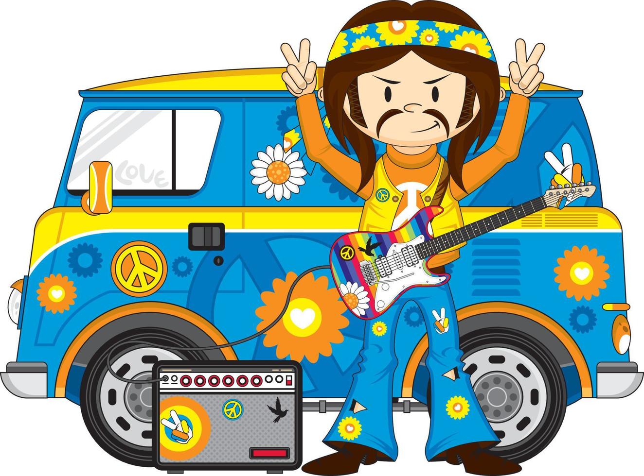 desenho animado anos sessenta hippie com elétrico guitarra e campista furgão vetor