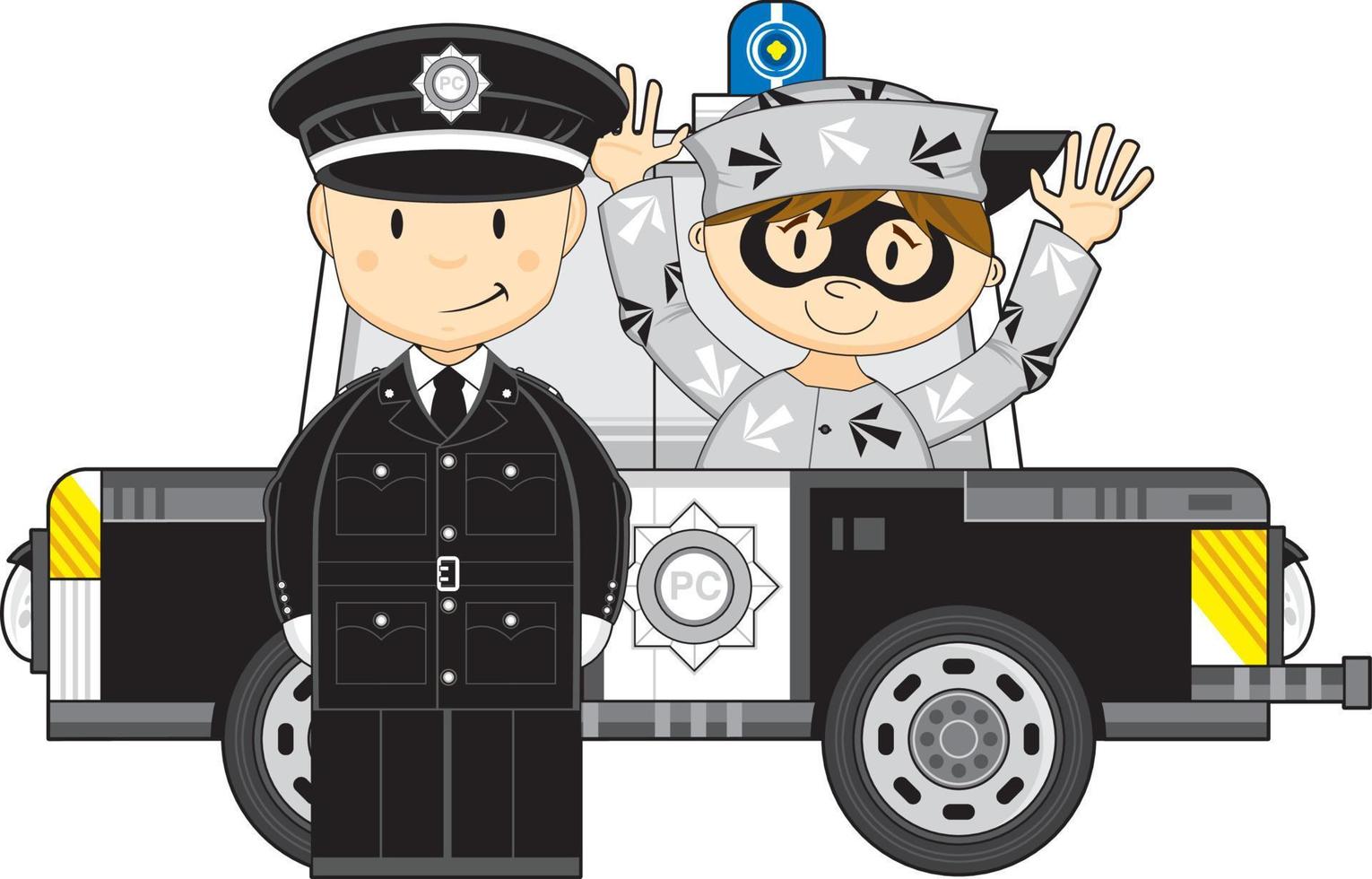 fofa desenho animado policial com ladrão dentro polícia carro vetor