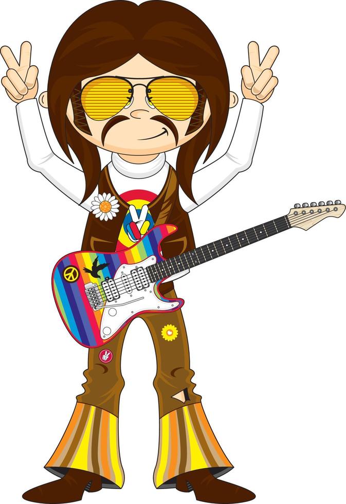 desenho animado anos sessenta hippie personagem com elétrico guitarra vetor