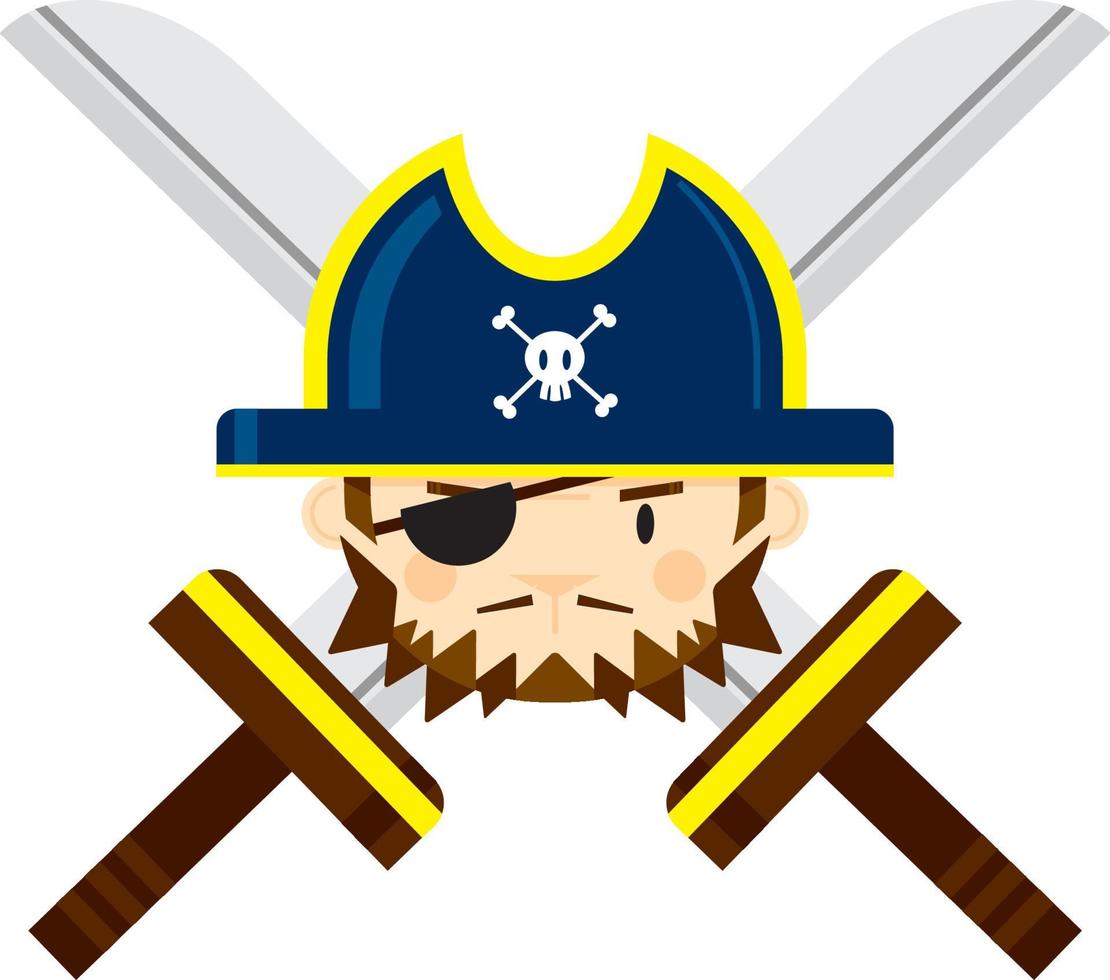 desenho animado fanfarrão pirata capitão com cruzado espadas vetor