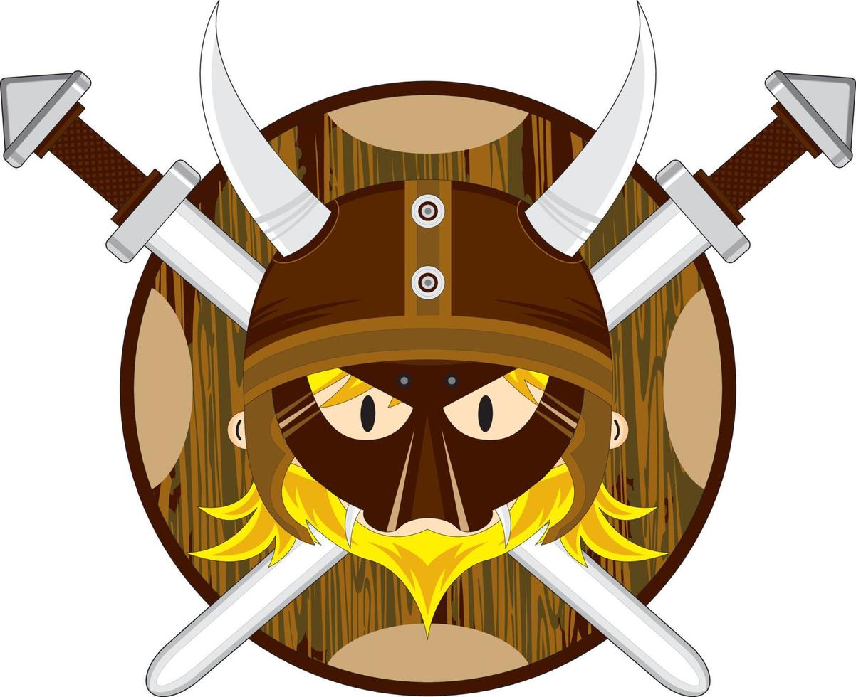 fofa desenho animado viking Guerreiro com escudo e espadas vetor
