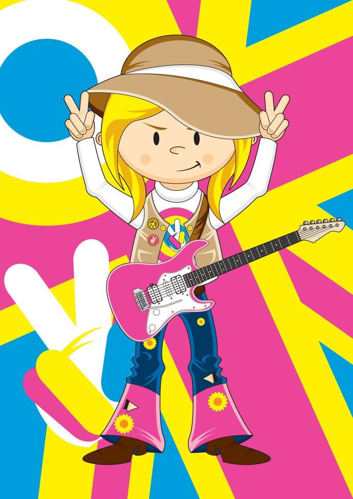 desenho animado anos sessenta hippie menina com elétrico guitarra vetor