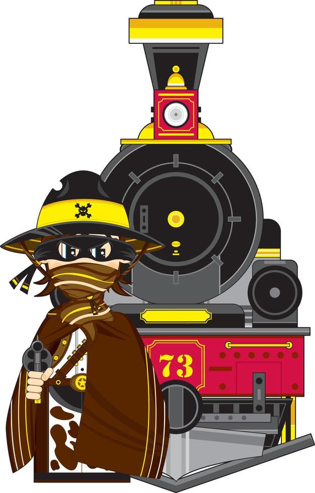 fofa desenho animado selvagem oeste mascarado vaqueiro pistoleiro com vapor trem vetor