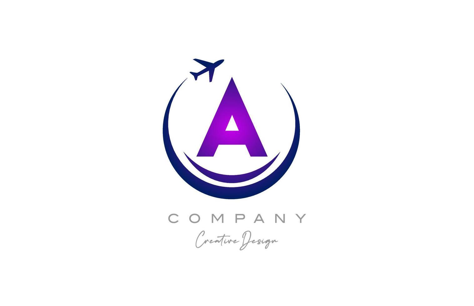 uma alfabeto carta logotipo com avião para uma viagem ou reserva agência dentro roxo. corporativo criativo modelo Projeto para companhia e o negócio vetor