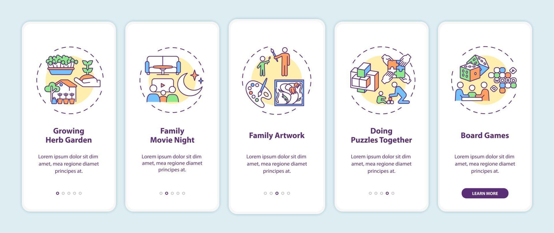 tela da página do aplicativo móvel com conceitos de atividades internas para a família vetor