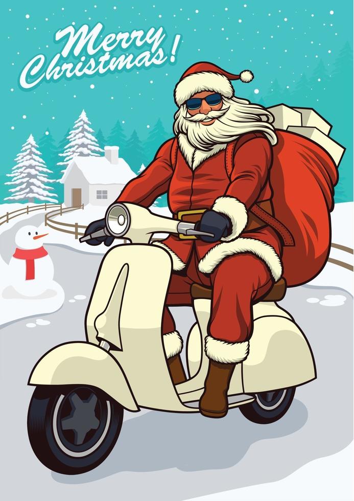 Papai Noel andando de scooter vintage com fundo de neve para cartão de felicitações vetor