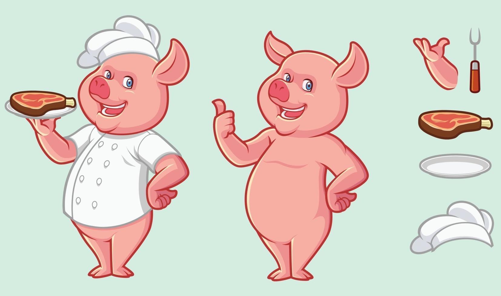design de mascote de porco com conjunto de acessórios opcionais vetor