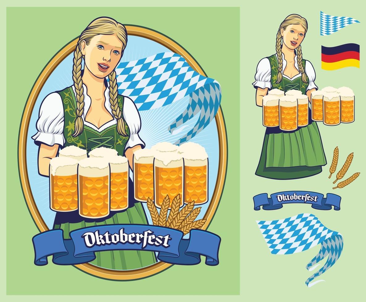 oktoberfest design senhora alemã carregando grandes cervejas vetor