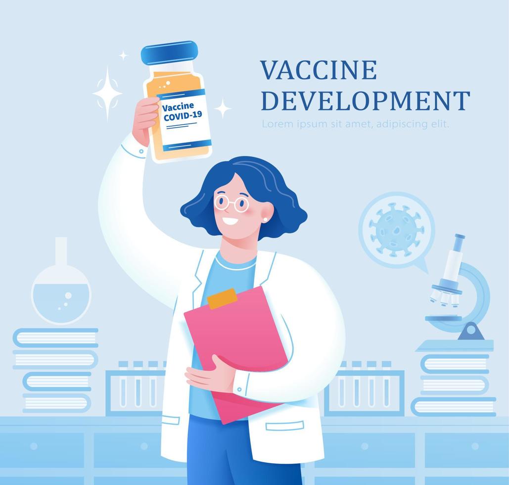 fêmea cientista dentro branco casaco segurando vacina garrafa dentro laboratório. conceito do vacinação contra covid-19 ou médico pesquisar. vetor