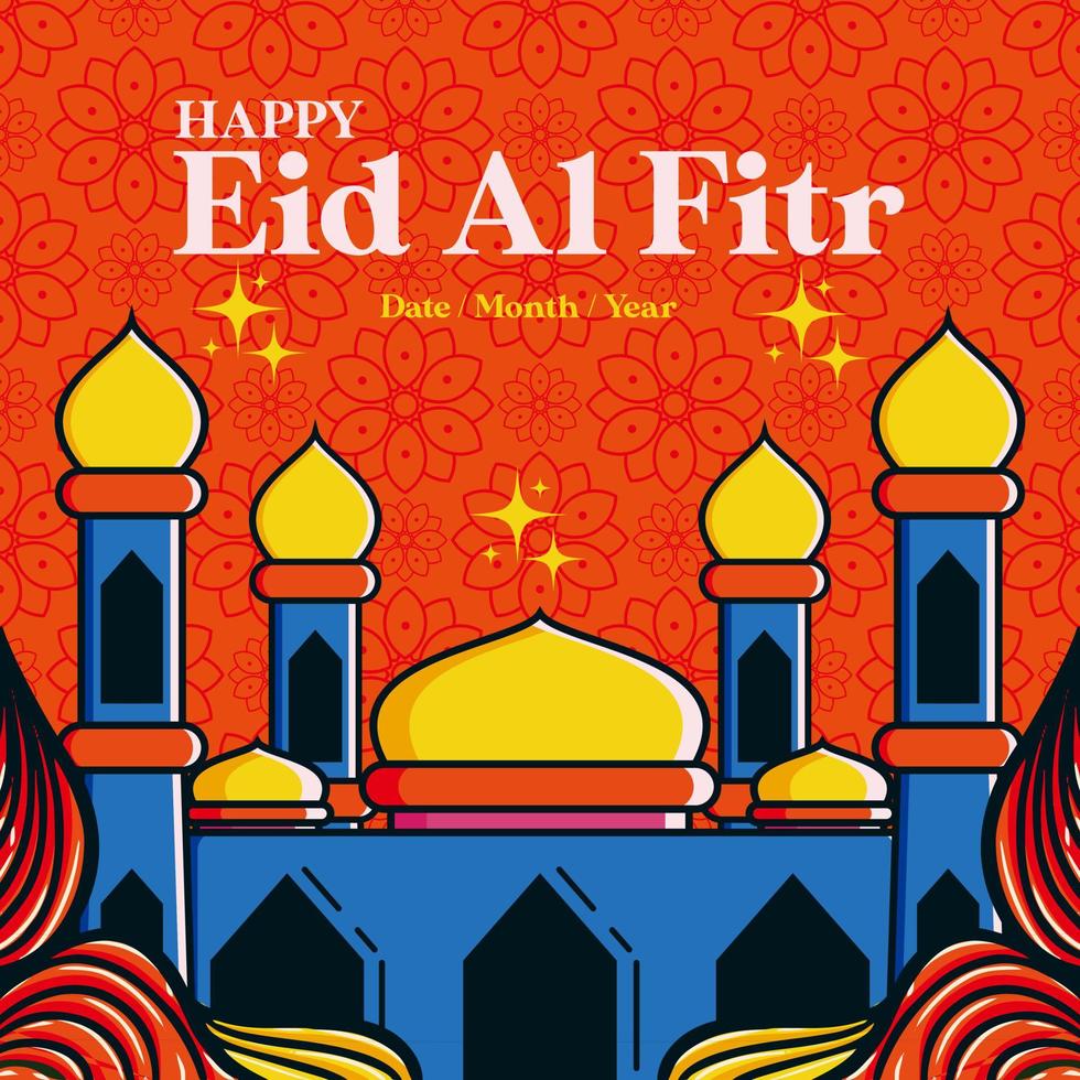 social meios de comunicação cumprimento cartão modelo para feliz eid al fitr com mesquita mão desenhado ilustração vetor