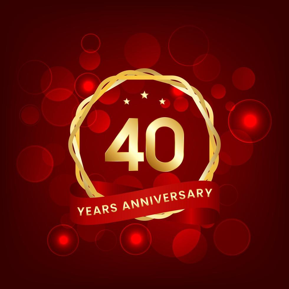 40. anos aniversário. aniversário modelo Projeto com ouro número e vermelho fita, Projeto para evento, convite cartão, cumprimento cartão, bandeira, poster, folheto, livro cobrir e imprimir. vetor eps10