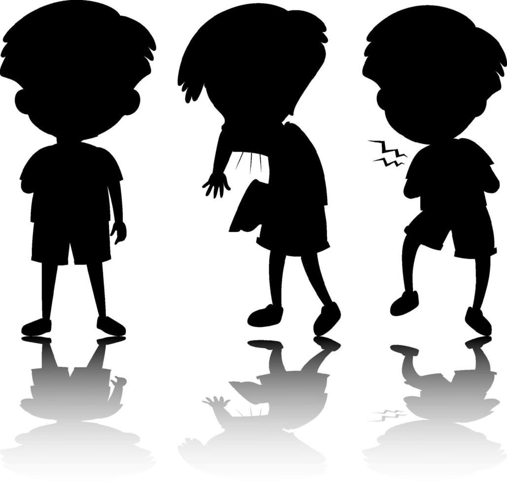 conjunto de silhueta de crianças com reflexo em fundo branco vetor