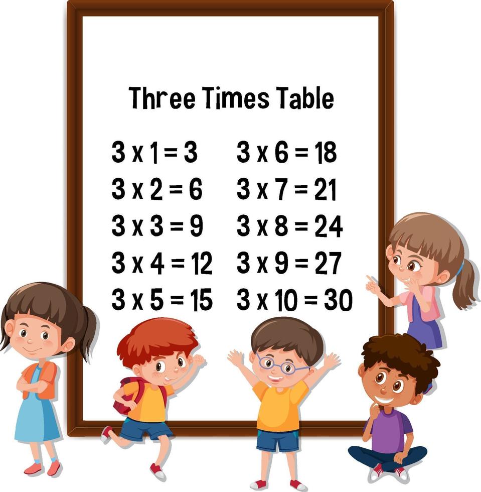 tabela de três vezes com o personagem de desenho animado de muitas crianças vetor