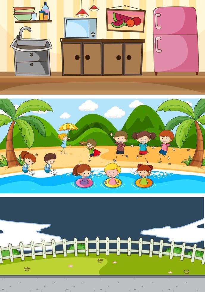 conjunto de diferentes cenas horizontais de fundo com o personagem de desenho animado doodle de crianças vetor