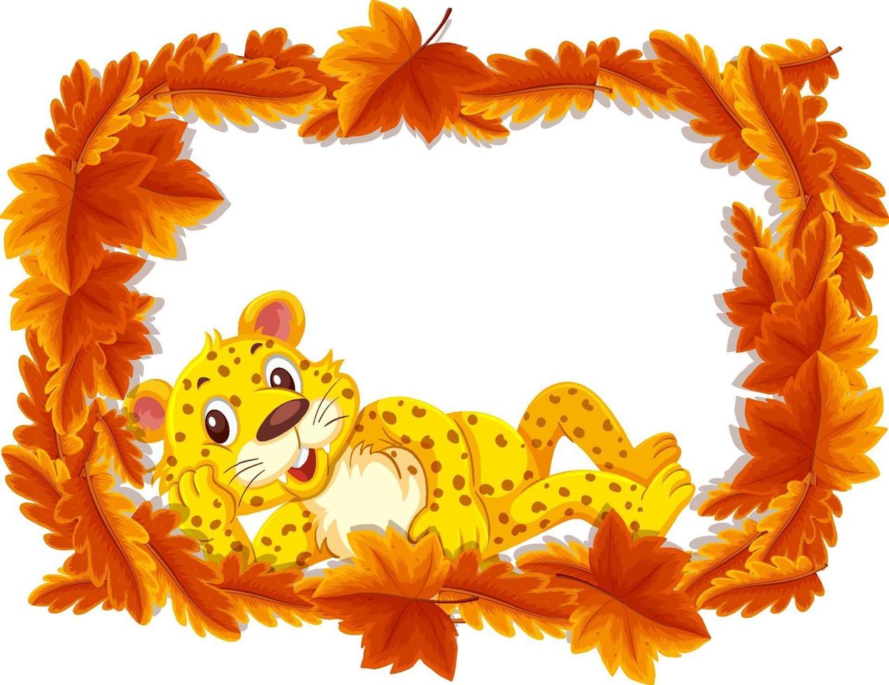 modelo de banner de folhas vermelhas com personagem de desenho animado de leopardo vetor