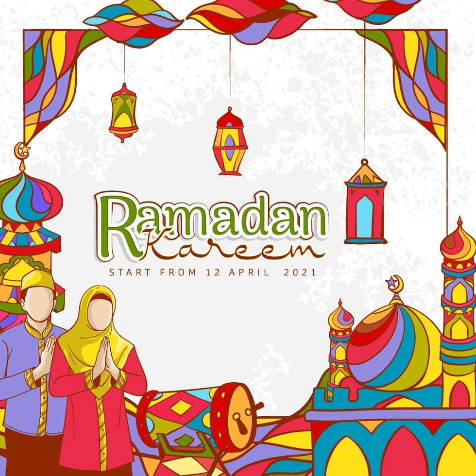 ilustração de ramadan kareem desenhada à mão com ornamentos islâmicos coloridos vetor