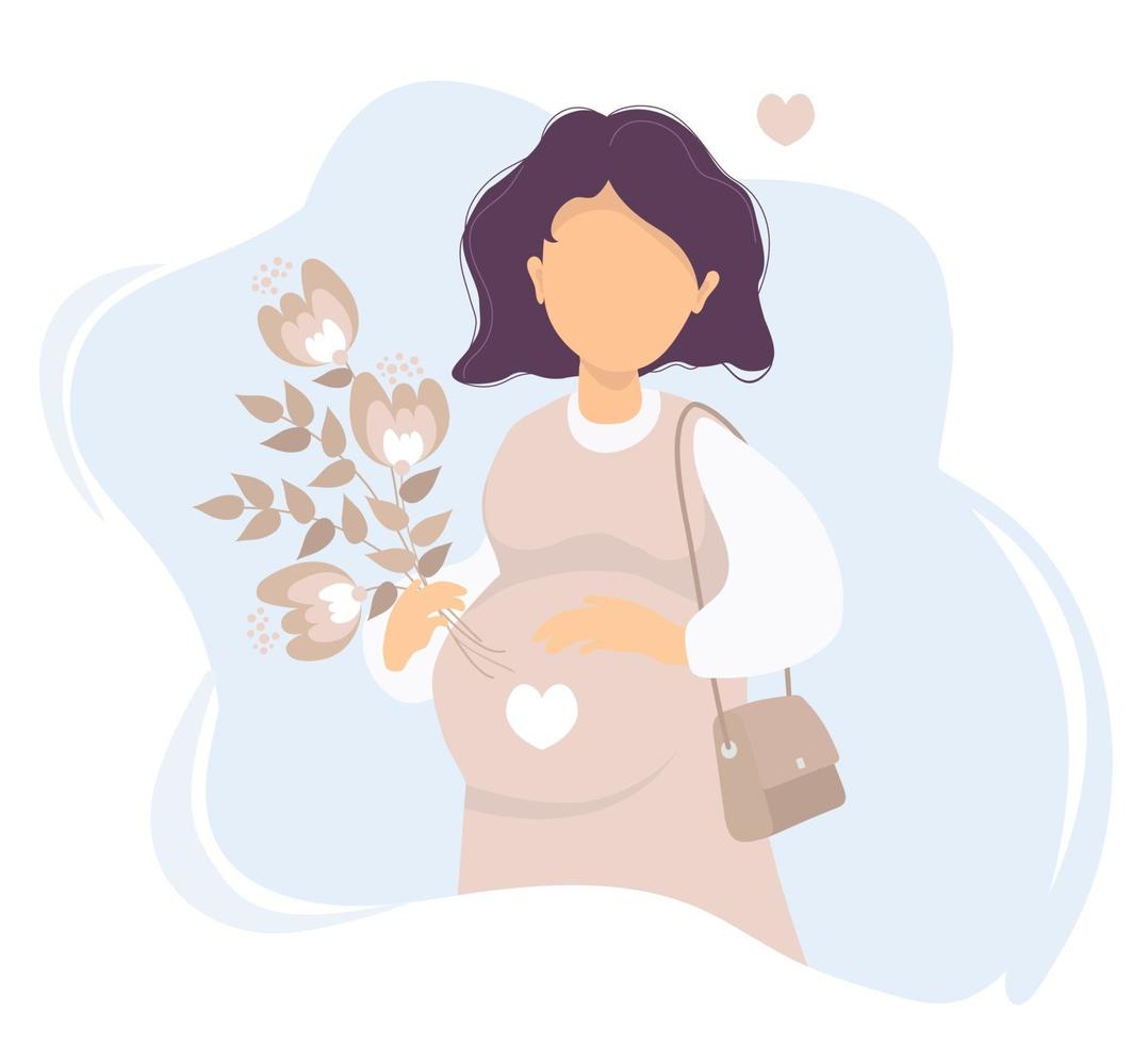 maternidade. feliz mulher grávida com uma mão, acariciando suavemente sua barriga e, com a outra mão segura um buquê de flores. vetor. ilustração plana de futura mãe vetor