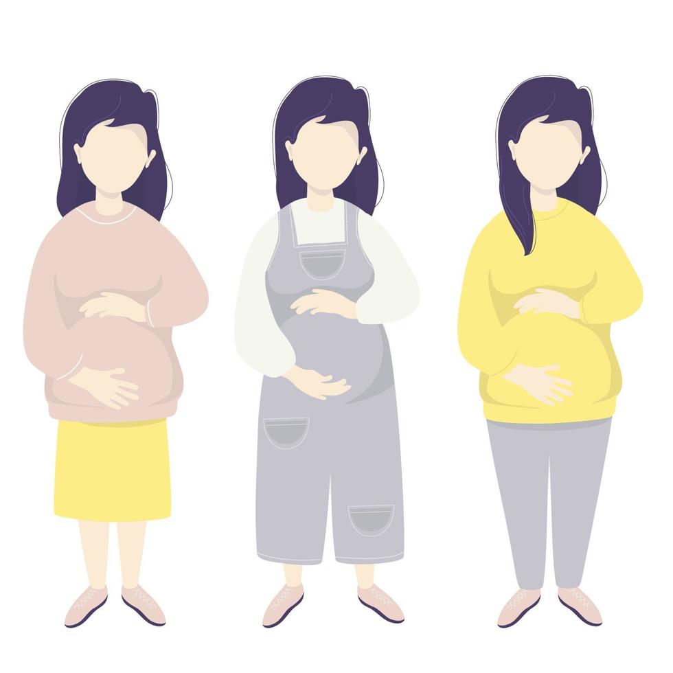 maternidade. conjunto de vetores Mulher grávida feliz abraços ternamente sua barriga com as mãos em roupas diferentes para mulheres grávidas - macacão, saia, ilustração vetorial de calças. ilustração plana